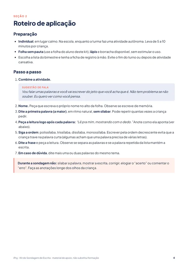 Kit de Sondagem de Escrita: Roteiro de aplicação