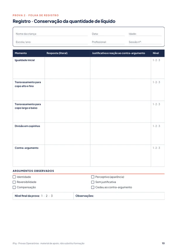 Protocolo das Provas Operatórias: Folha de registro