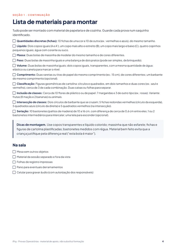 Protocolo das Provas Operatórias: Lista de materiais