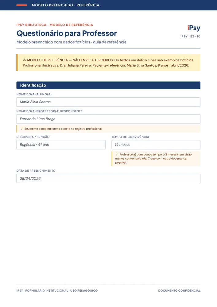 Página real do modelo preenchido de questionário para professor