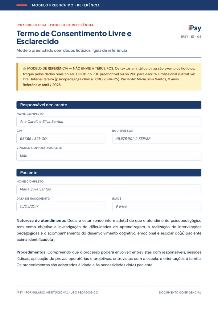 Página real do modelo preenchido de termo de consentimento livre e esclarecido
