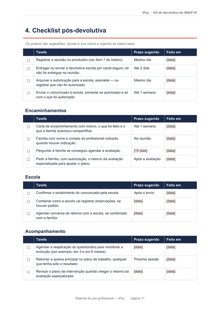 Checklist pós-devolutiva
