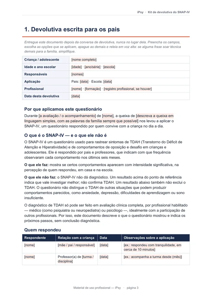 Devolutiva escrita para os pais