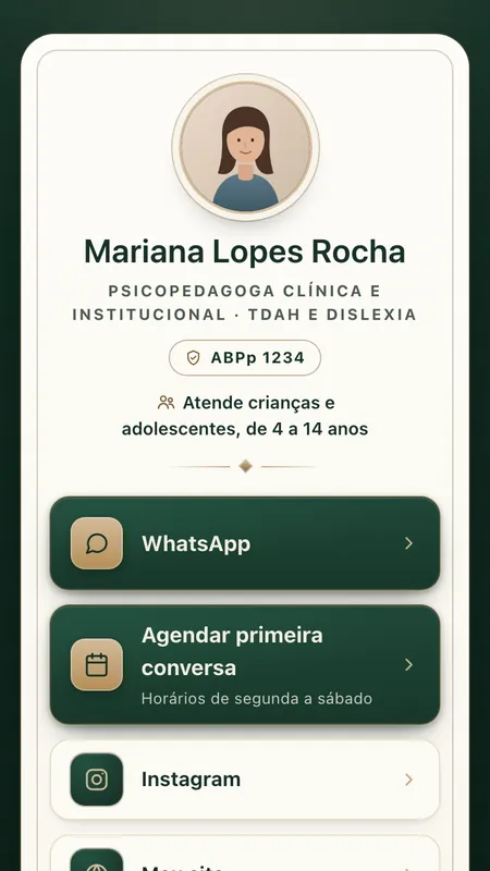 Modelo Cartão do Link na bio, no celular, com dados de exemplo