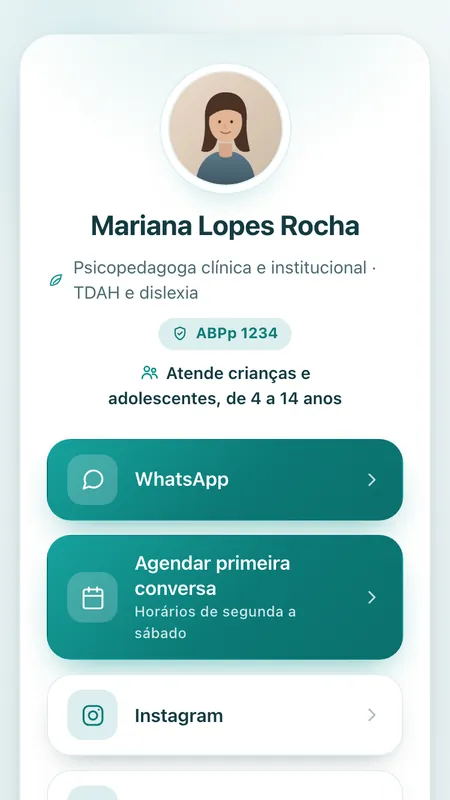 Modelo Sereno do Link na bio, no celular, com dados de exemplo