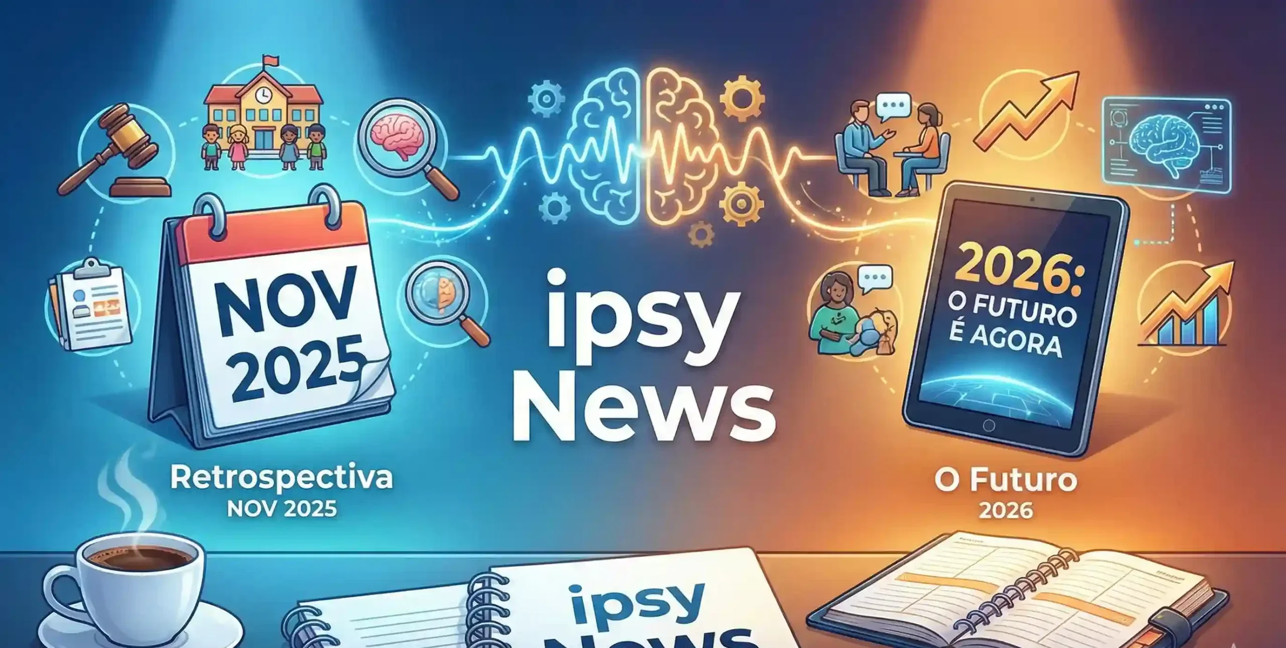 Ilustração representativa da Newsletter ipsy News: Retrospectiva de Novembro de 2025 e Futuro de 2026. A imagem contém ícones de calendário, cérebro (neurociência), leis e educação inclusiva, simbolizando o planejamento estratégico para profissionais de Psicopedagogia e Neuropsicopedagogia.